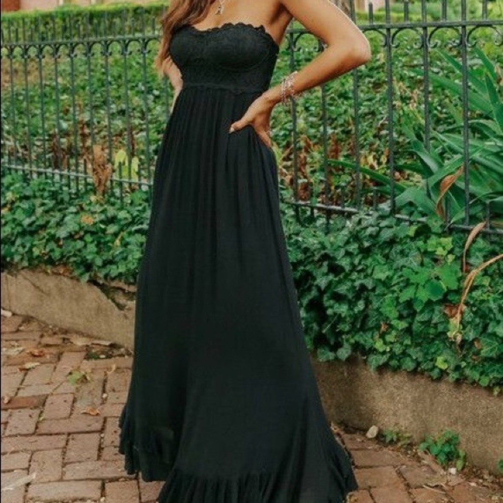 Free People FP One Black Lace Strapless Ruffle Hem Maxi Dress XS